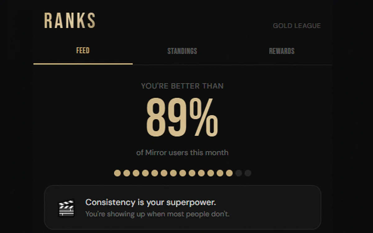 Mirror Ranks screen showing league and percentile